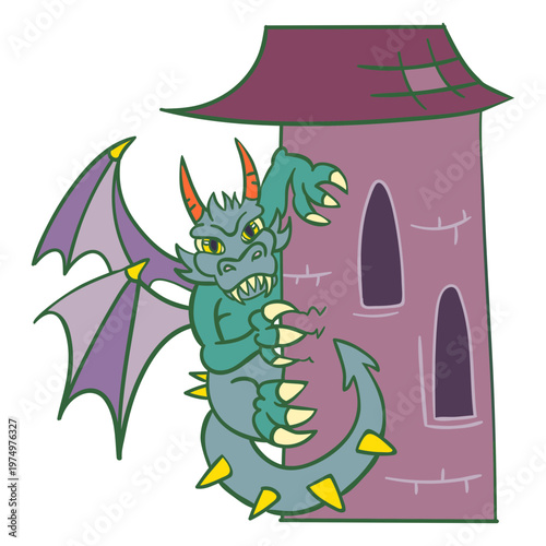 Evil green dragon perching tower darker