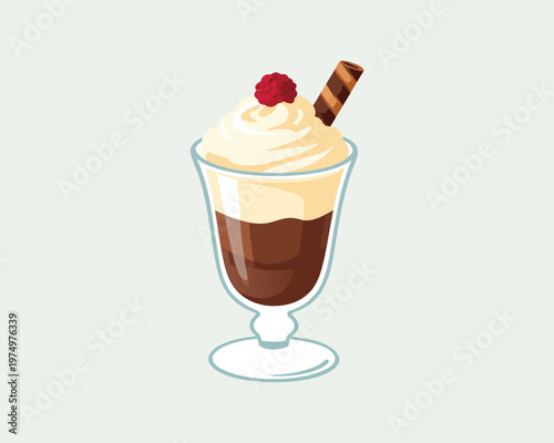 Chocolate Ice Cream Sundae Vector Illustration | Sweet Dessert Glass with Wafer Stick for Cafe Menu, Food Poster & Branding