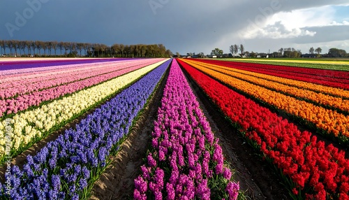 Rows of vibrantly colored flowers stretch to the horizon under a dramatic sky, creating a surreal, patterned landscape