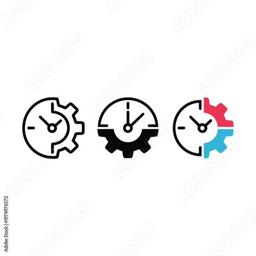 Three time clock icons with gears varying in color and outline style
