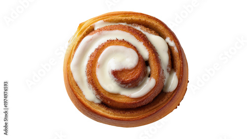 Fotografie Isolated warm and sweet cinnamon roll pastry with frosting for breakfast or snac