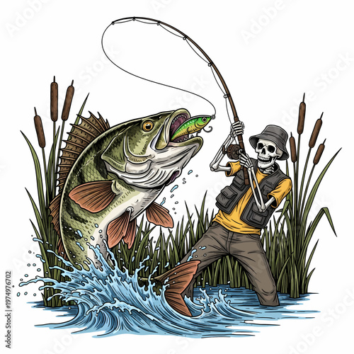 Skeleton fisherman catching a large perch fish in the lake with vintage woodcut style illustration