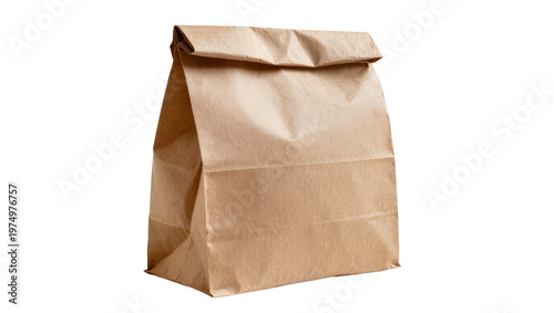 Isolated brown paper bag standing upright with folded top, empty packaging for lunch or groceries.