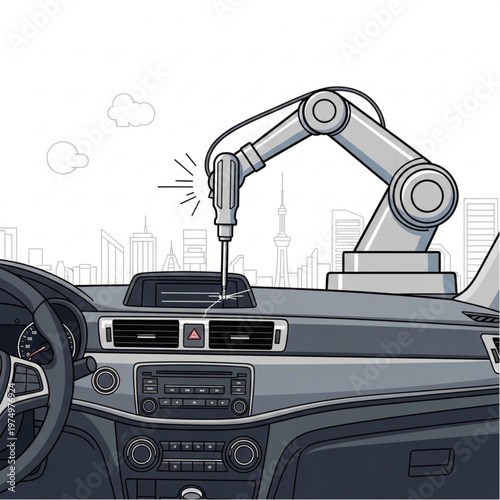 Robotic arm assembling car dashboard interior components.