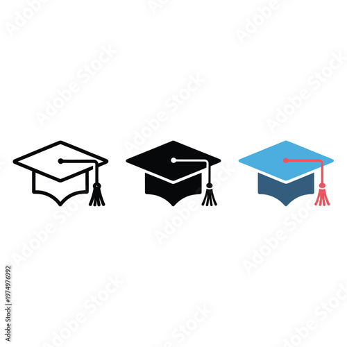 Three graduation caps in varying styles and colors are displayed
