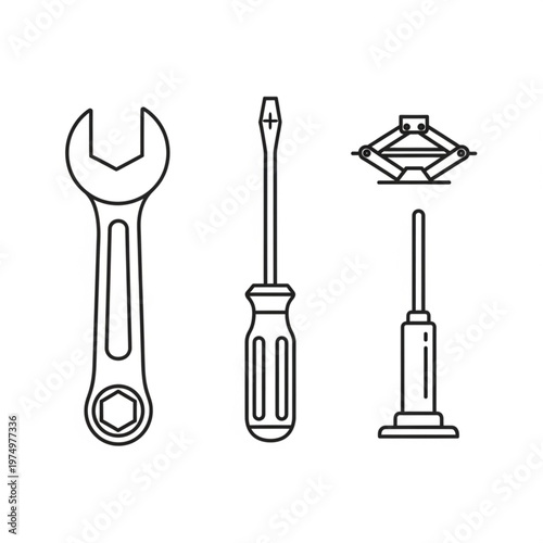 Set of automotive hand tools wrench screwdriver jack.