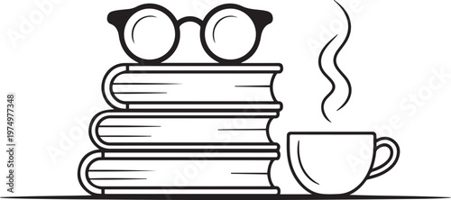 A cozy scene of reading with a cup of coffee and a pair of glasses.