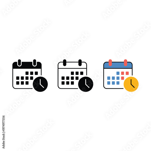 Three calendar icons with clock symbols demonstrating different states or styles