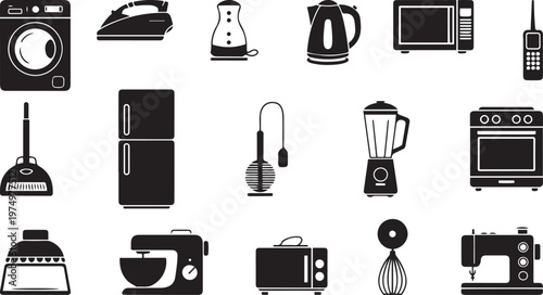 Collection of essential kitchen and household appliances illustrated in black and white