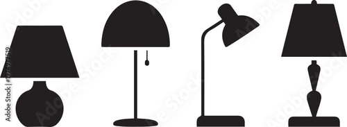 Four distinct styles of table lamps illustrated in black and white silhouette