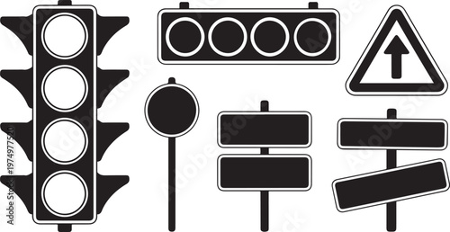 Common traffic signals and road signs depicted in a single illustration