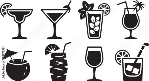 Assorted stylized cocktail and drink glass icons with garnishes