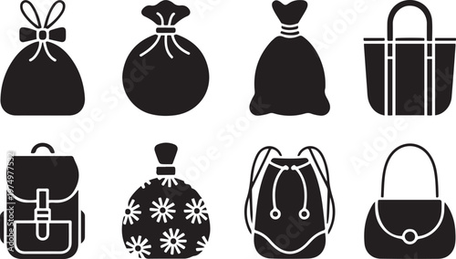 A diverse collection of eight stylish black silhouettes of various bags and pouches