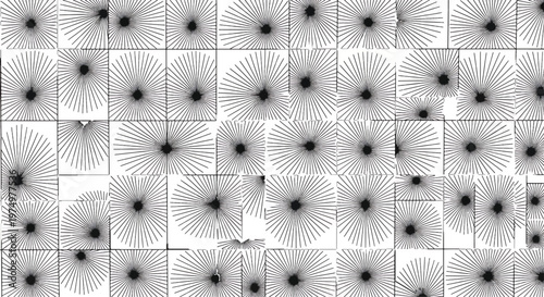 Abstract geometric pattern with radiating lines and central dots creates a dynamic visual texture on a white background.