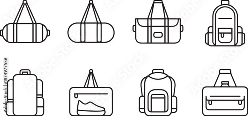Variety of eight different types of bags and luggage designs shown in icons