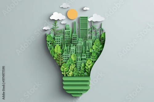 Light Bulb Design Shows Eco City With Buildings and Plants for Renewable Energy and Carbon Neutral Goals by 2050
