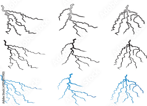 Sky Light Effects Collection Vector.  Silhouette black outline & realistic blue lightning bolt effects On white background.