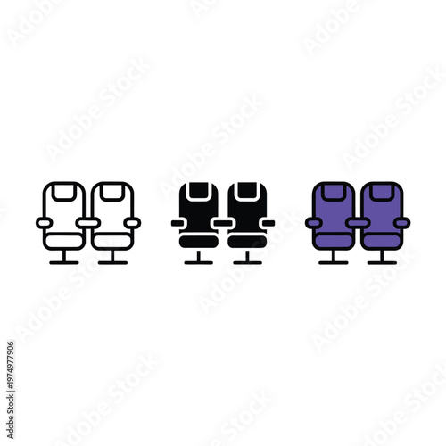 Three variations of airplane seats depicted in line art solid black and purple