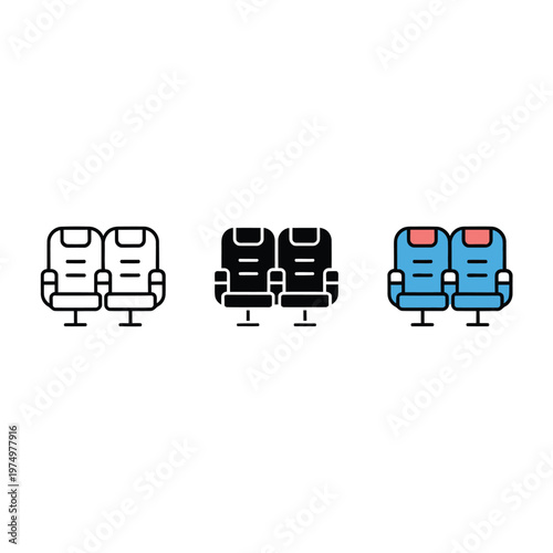 Three variations of a cinema or airplane seat icon in different colors