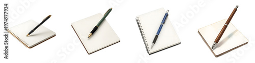Four different pens rest on top of blank notepads in horizontal composition