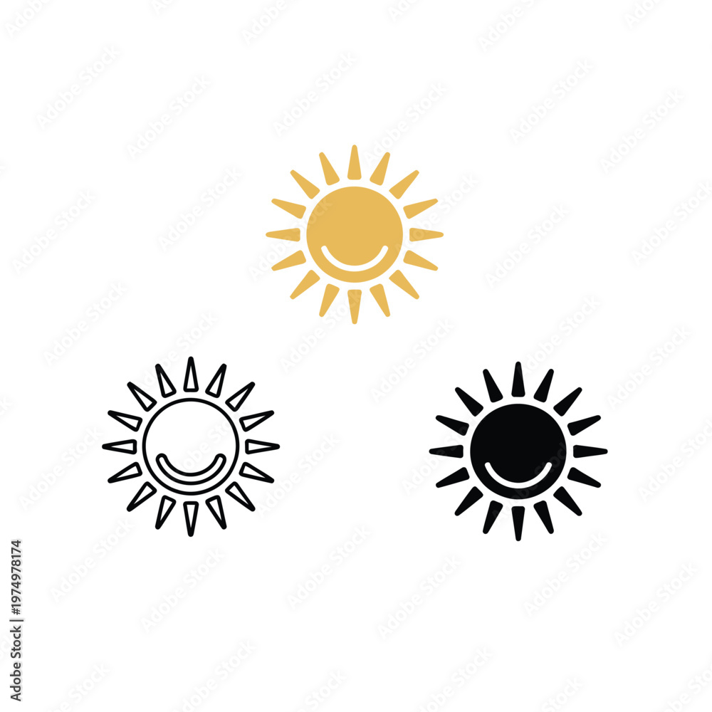 Fototapeta premium Three sun icons in varying color schemes gold monochrome and black