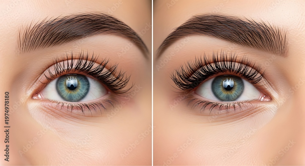 Fototapeta premium Before and after close-up of two blue eyes with thick lashes and full eyebrows