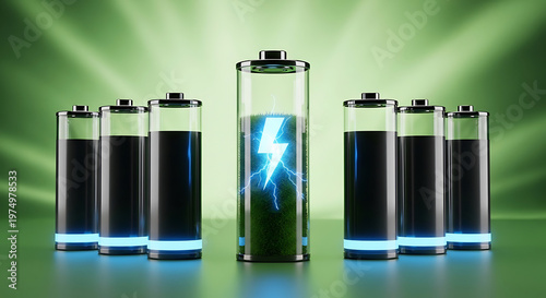 Glass batteries with glowing blue energy and lightning bolt symbol battery power