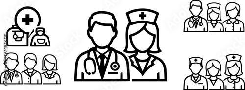 Doctor and Nurse icon set in line style. medical personnel on white background, vector illustration
