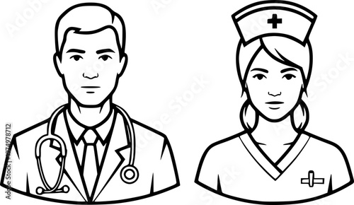 Doctor and Nurse icon set in line style. medical personnel on white background, vector illustration
