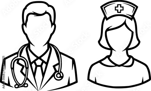 Doctor and Nurse icon set in line style. medical personnel on white background, vector illustration