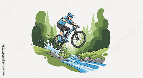 Dynamic Mountain Biker Leaping Over Forest Stream