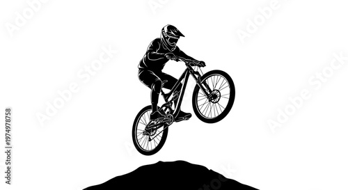 Dynamic Mountain Biker Performing a Thrilling Jump Mid-Air Ascent