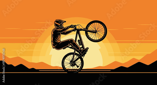 Dynamic Mountain Biker Performing A Wheelie Against A Vibrant Sunset