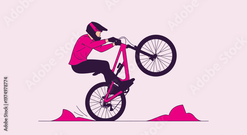 Dynamic Mountain Biker Performing A Wheelie In Vibrant Pink