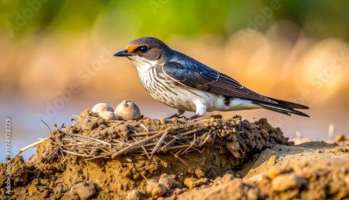 Rufous-chested swallow perched near its nest with eggs on a mound of dirt, blurred green background