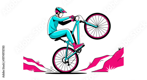 Dynamic Mountain Biker Performing A Wheelie In Abstract Terrain