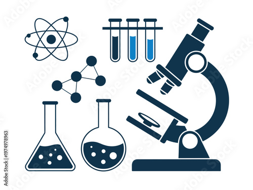 Dark blue science including microscope atom molecule test tubes and flasks laboratory