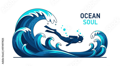 Dynamic Ocean Wave With Diver Silhouette Freedom Adventure And Exploration