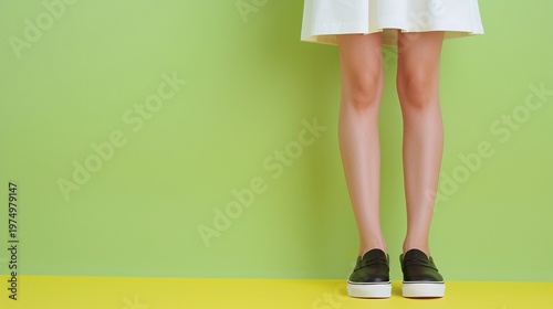 Female legs in black slip on sneakers on green background, Minimal casual fashion studio shot, White skirt hem and modern footwear styling, Clean lower body composition, Copy space, Retail lifestyle 