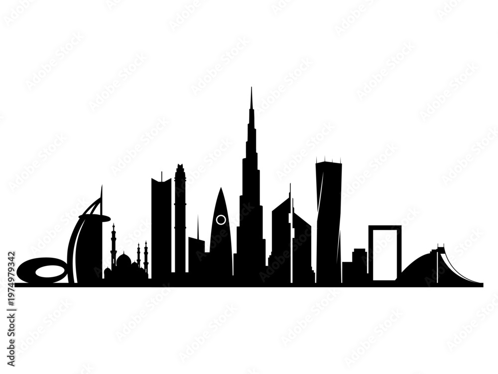 Obraz premium Dubai Skyline Silhouette Vector – Modern Cityscape Landmarks Minimal Black Illustration