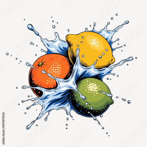 Colorful Citrus Fruit Splash with Orange Lemon and Lime Vector