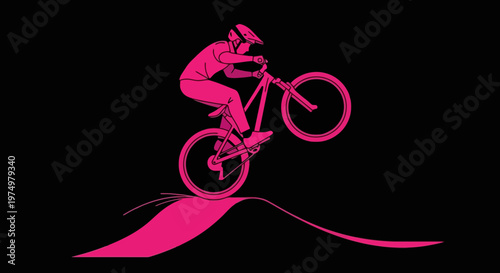 Dynamic Pink Cyclist Performing An Aerial Bicycle Stunt On A Black Background