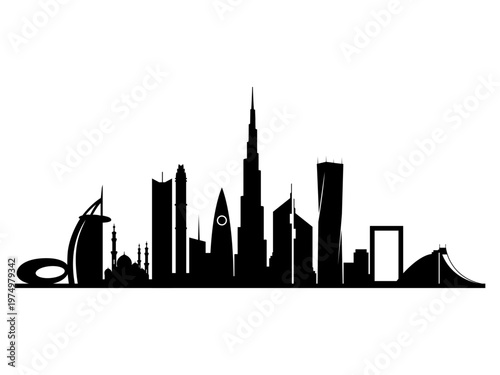 Dubai Skyline Silhouette Vector – Modern Cityscape Landmarks Minimal Black Illustration