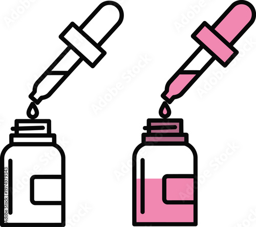 Comparison of empty and filled dropper bottles with liquid being dispensed