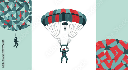 Dynamic Parachuting Adventure Graphics with Geometric Patterns