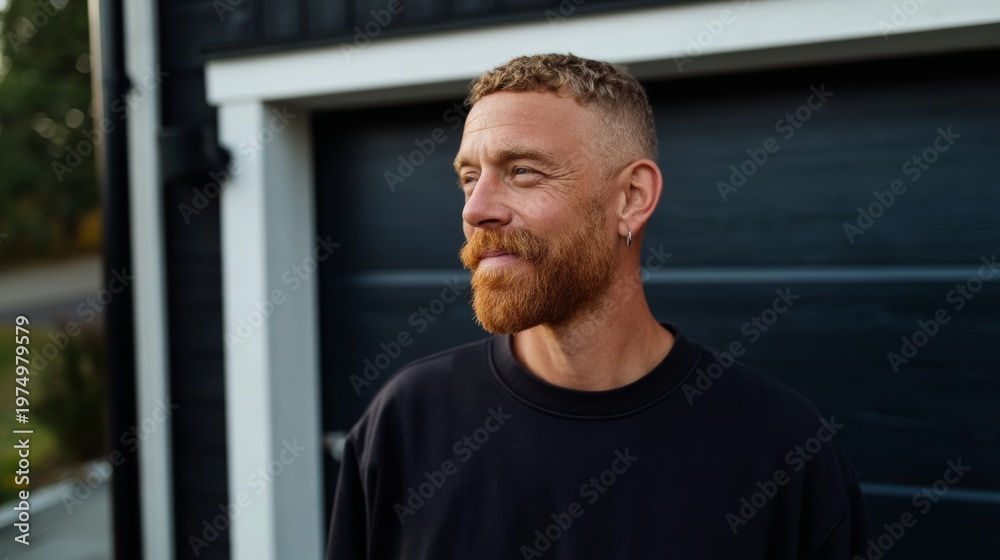 Obraz premium Bearded Man in Black Shirt with Short Hair, Smiling and Posing Outdoors.