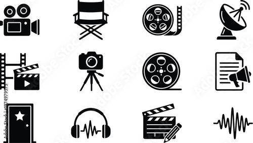 Film production icons including cameras, director chairs, film reels, and audio equipment for video creation and broadcasting