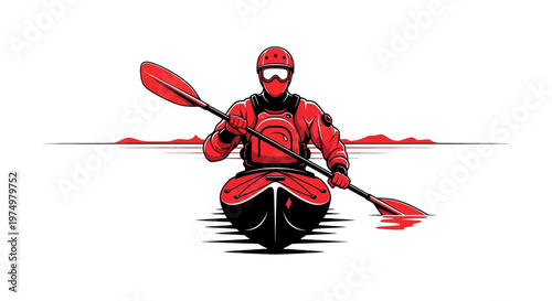 Dynamic Red Kayaker Navigating Water with Paddle Adventure