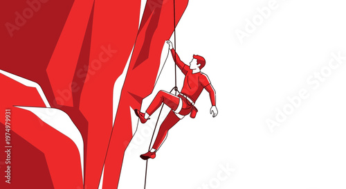Dynamic Rock Climber Ascends Steep Red Cliff Face
