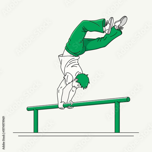 Dynamic Parkour Athlete Performs Imbalanced Handstand Routine on Parallel Bars